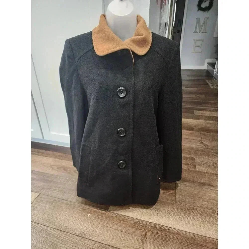 ellen tracy wool Blend coat women size PM black Brown Collar WARM